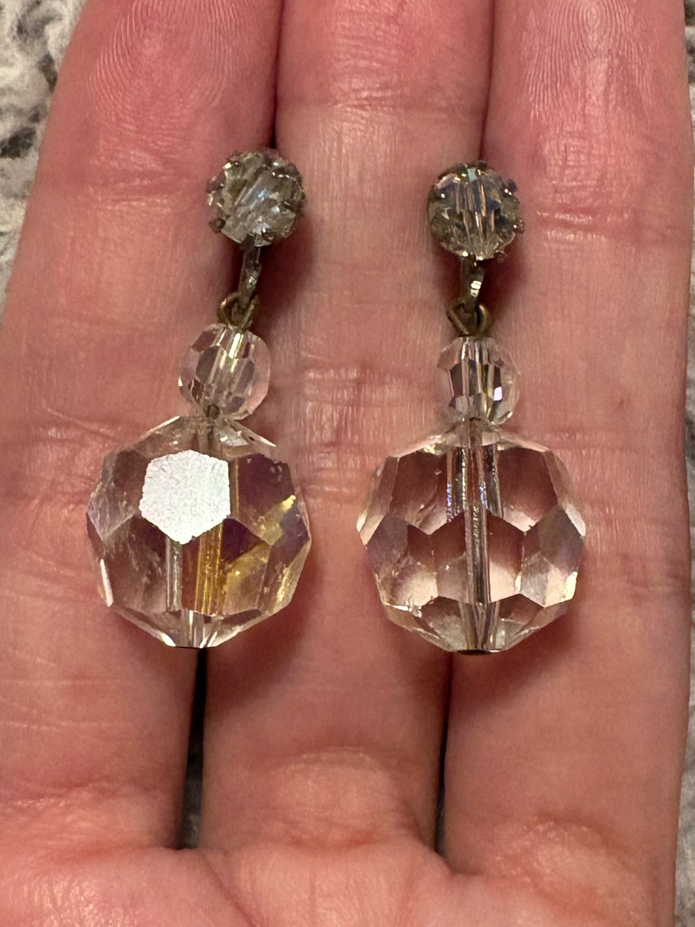 Vintage Clear Aurora Borealis Crystal Geometric Dangle Drop Clip On Earrings